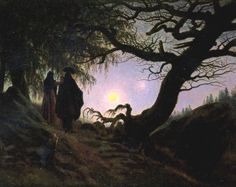May include: A painting depicting two figures standing in a dark woodland beneath a large tree. The figures are silhouetted against a pale sky with a bright moon. The scene is painted in a romantic style.