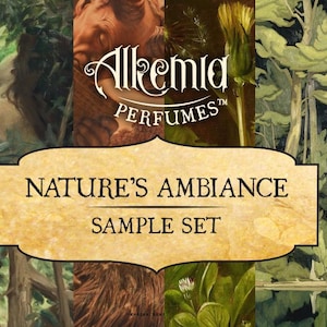Puede incluir: Un collage de imágenes inspiradas en la naturaleza con el texto "Alkemia Perfumes" y "Nature's Ambiance Sample Set".