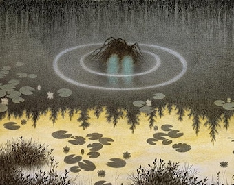 May include: A dark, mysterious illustration of a swamp with a large, gnarled tree trunk in the center of a pond. The water is dark and murky, and there are lily pads scattered around the edges of the pond. The tree trunk is covered in moss and vines, and there are two glowing blue eyes visible in the center of the trunk.