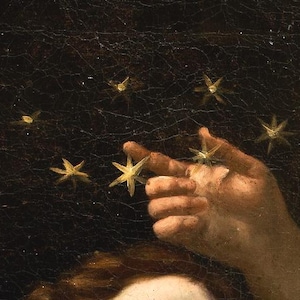 May include: A close-up of a hand reaching up towards a dark sky with gold stars. The hand is reaching towards the stars, which are scattered across the dark background.