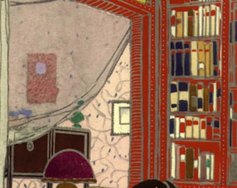 May include: A red and blue living room with a bookshelf filled with books, a couch, a lamp, and a table with a vase of flowers and a bowl of fruit.