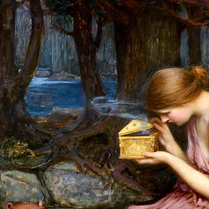May include: A woman in a pink dress sits in a forest setting, looking intently at a small, ornate, gold box with a lid open. Smoke rises from the box. A frog sits on a rock in the foreground.