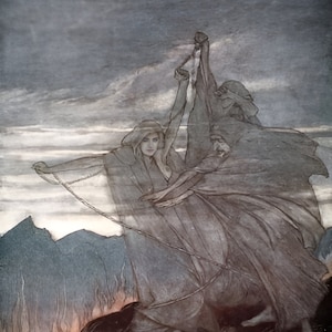 May include: A painting of three figures in flowing robes, with one figure in the center looking directly at the viewer. The figures are depicted in a dramatic pose, with their arms outstretched and their robes billowing in the wind. The background is a stormy sky with mountains in the distance.