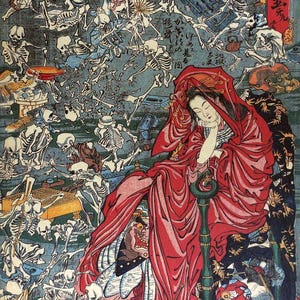 Pode incluir: Gravura em madeira japonesa retratando uma mulher em vestes vermelhas cercada por esqueletos dançando. A obra de arte apresenta um fundo azul escuro com várias figuras e objetos, mostrando um estilo artístico tradicional.