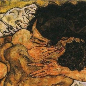 May include: A painting of two people embracing. The woman is on top, with her dark hair covering her face. The man is underneath, with his face visible. The painting is done in a dark, expressive style, with bold strokes of color.