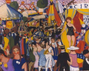 May include: A colorful painting depicting a bustling outdoor scene with a circus tent, a carousel, and many people. The painting is done in a vibrant style with bold colors and thick brushstrokes. The circus tent has a sign that reads "CIRC" and there are other signs and banners throughout the scene. The painting is full of energy and movement.