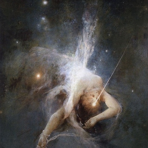 May include: An oil painting depicting a figure in a celestial scene. The figure, rendered in soft, pale tones, is surrounded by a swirling nebula and stars. A bright light emanates from the figure's eye, and a string of pearls is draped across the arm.