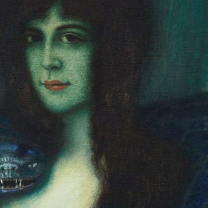 May include: A painting of a woman with long dark hair, wearing a dark blue dress with a snake on her shoulder. The woman has a pale complexion and her eyes are a deep green. The background is a dark green and blue.