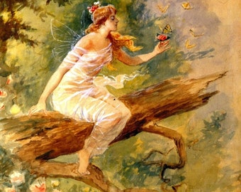 May include: Watercolor painting of a fairy with red hair and wings, seated on a tree branch. She holds a flower, attracting butterflies. The scene is set in a lush, green forest with roses and soft lighting, evoking a whimsical atmosphere.