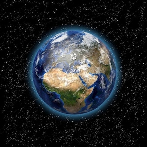 May include: A blue and green globe of Earth with clouds and continents visible against a black background with white stars.