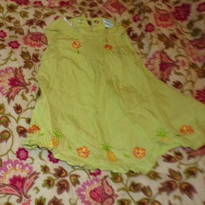 May include: A light green sleeveless dress with embroidered pineapples and flowers. The dress has a smocked bodice and a ruffled hem.