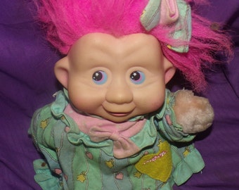 vintage 1991 Applause Magic Troll 10" pink hair with bow