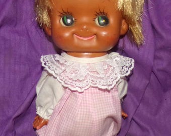 Vintage Made in Japan Big Eye Blonde Vinyl Doll in Vintage Outfit