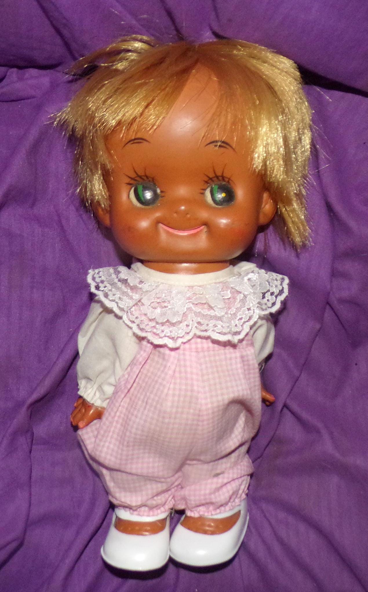 Vintage Made in Japan Big Eye Blonde Vinyl Doll in Vintage Outfit