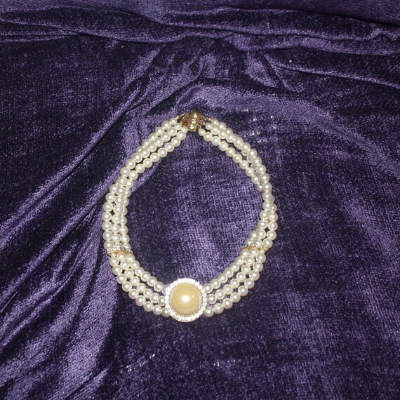 Antique Edwardian Three Strand Pearl Bracelet With Rhinestone Clasp Silver Plated Gift Idea Fashion Staple Unique!
