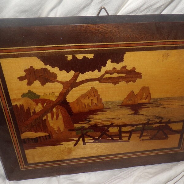 vintage 7x10"  Marquetry Inlaid wood wall plaque landscape