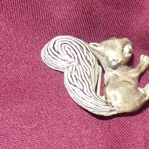 May include: A silver-toned squirrel brooch with a detailed, textured tail and a playful pose. The squirrel is depicted with its arms raised, set against a deep burgundy background.