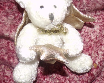 vintage Fiesta Christmas White Angel Bear Gold Wings Star Halo Plush Plushie