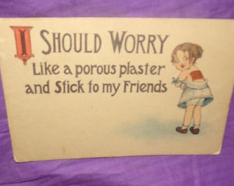 vintage antique cartoon postcard   girl with plaster used 1914 postmark 1 cent stamp