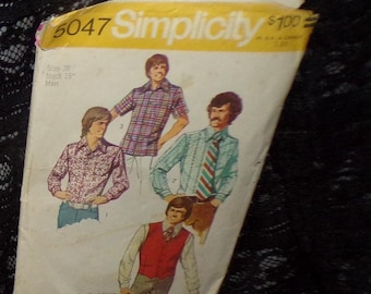 70s Simplicity 5047. size 38. Vintage Mens long sleeve collar button shirt   vest.   retro 1970s vintage Sewing Pattern