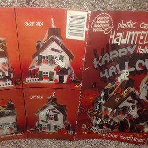May include: A plastic canvas Halloween craft kit featuring a haunted house design. The kit includes instructions and patterns for creating a spooky house with ghosts and pumpkins. The cover is red with the words "Haunted House" and "Happy Halloween Party".
