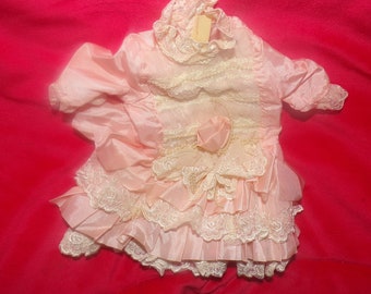 vintage beautiful historical lace trimmed  ruffled pink  dress with attached crinoline and lace trim rose applique taffeta