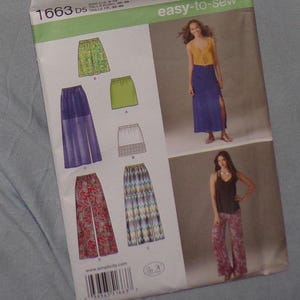 May include: Simplicity sewing pattern 1663 D5, featuring illustrations of skirts and pants. The pattern includes a photo of a woman wearing a yellow top and blue skirt. The packaging is white with green and pink accents.