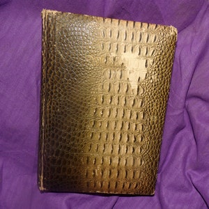 May include: A brown leather-bound book with a crocodile skin pattern. The book is closed and lying on a purple surface.