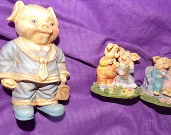 vintage  lot of pig figurines resin figurine   large pig in a suit and 2  miniature couples