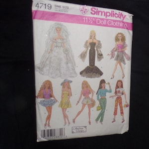 May include: Simplicity 4719 doll clothing pattern. The pattern features illustrations of various doll outfits, including a wedding dress, evening gowns, and casual wear. The pattern is for 11 1/2" dolls. The pattern is designed by Andrea Schewe.