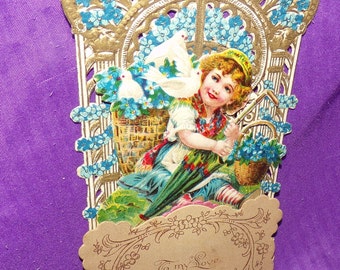 vintage antique   tabletop valentine die cut girl with umbrellas   3d paper flower unsigned very old