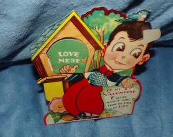 vintage antiguo fechado 1927 tarjeta de san valentín mecánica niño con casa de aves nido de amor tarjeta de san valentín