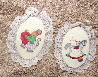 vintage lot of 2 handcrafted cross stitch Christmas tree ornament mouse rocking horse