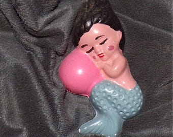 vintage Merbaby Wall Plaque  mermaid - Vintage style chalkware