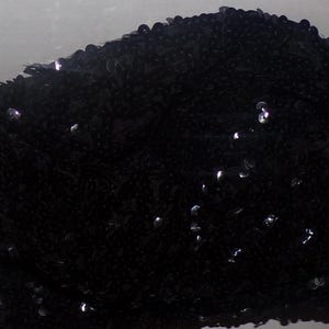 May include: Black fabric with sequins. The fabric is a close-up of a material that could be used for clothing or accessories.