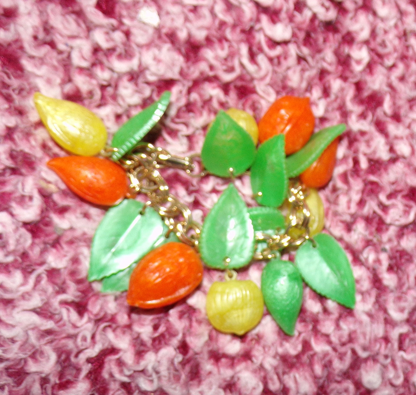 Vintage Charm Bracelet colorful  orange green yellow hard plastic  fruit bead Charm leaf bracelet