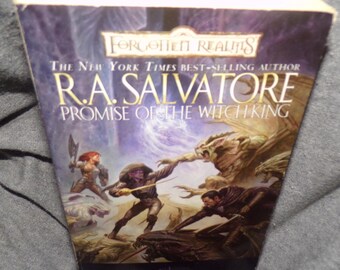 May include: A paperback book titled "Promise of the Witch King" by R.A. Salvatore. The cover features fantasy artwork with figures in combat, a dragon, and the words "Forgotten Realms". The book is a New York Times best-seller.