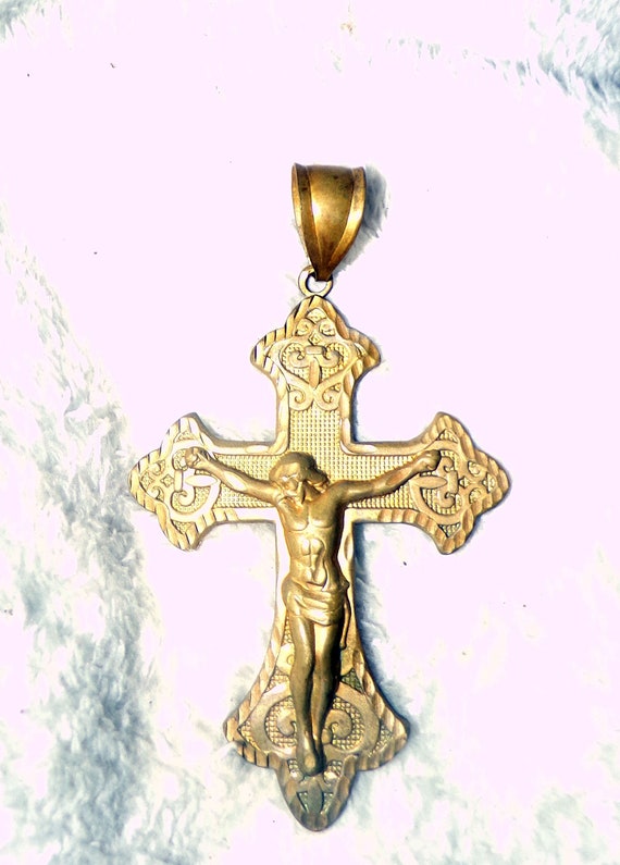 vintage  Crucifix Pendant 5" very old brass
