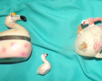 vintage  lot of 3 flamingo flamingos trinket box with miniature flamingo inside and hatching egg flamingo figurine