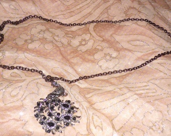 vintage peacock pendant black and clear rhinestones on chain