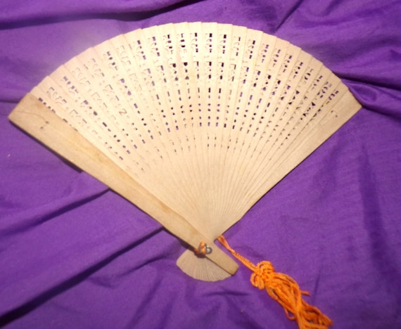 vintage oriental sandalwood   folding fan - image 1