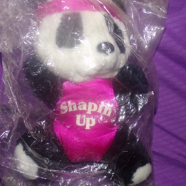 Vintage 1980 era  Whataburger "Whatabear Grrr" 8" plush panda in Shapin' Up aerobic outfit and  pink headband in plastic