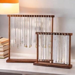 Elegant Walnut Necklace Display Stand with Polished Brass Details – Pendant & Jewelry Frame for Practical Use