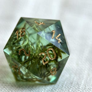 Op de afbeelding: Een groene, doorschijnende twintigzijdige dobbelsteen met gouden cijfers en echt mos dat erin is ingebed.