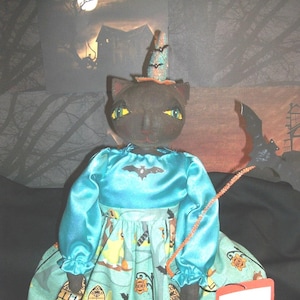 MAILED PATTERN, Primitive art doll, Halloween cat and bat,  20 inches tall,  by Dumplinragamuffin,#107
