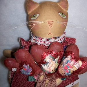 PATTERN,Primitive folk art doll pattern, Kitty with hearts,original by Dumplinragamuffin, #50