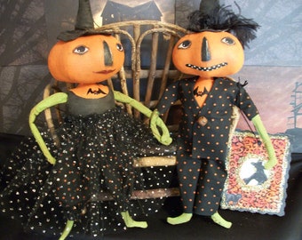 Halloween pumpkin dolls, Digital pattern, farmhouse décor, collectible art, primitive dolls, 137