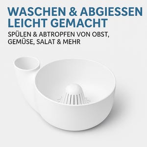 May include: A white kitchen colander with a unique design. The colander has a bowl shape with a built-in strainer and a small spout. Text on the image reads: "WASCHEN & ABGIESSEN LEICHT GEMACHT" and "SPÜLEN & ABTROPFEN VON OBST, GEMÜSE, SALAT & MEHR."