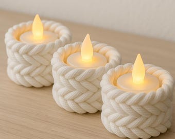 Set of 3 white tealight holders in a woven rope style – 3D printed | Boho decor | Scandinavian style | LED tealight decor