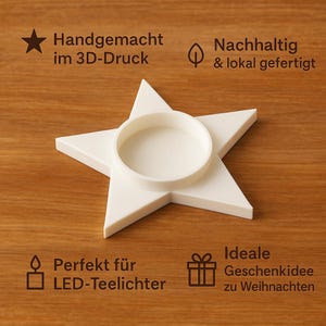 May include: A white star-shaped candle holder with a circular indentation for a tea light. The text on the image says "Handmade in 3D printing", "Sustainable & locally made", "Perfect for LED tea lights", and "Ideal gift idea for Christmas."